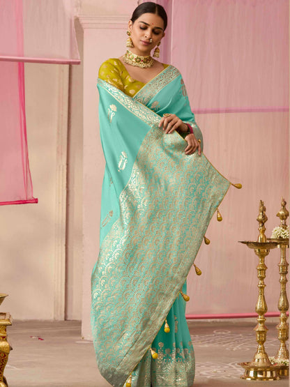 Dhiyona KM Women Sea Green Dola Silk Saree With Yellow Golden Embroidered Blouse