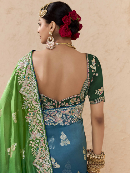 Dhiyona KM Women Peacock Green & Royal Blue Tussar Silk Saree