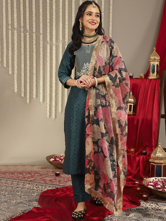 Dhiyona VA Women's Green Ethnic Motifs Embroidered Gotta Patti Kurta with Trousers & With Dupatta