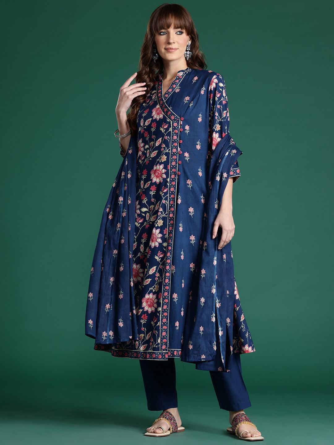 Dhiyona IE Floral Printed Angrakha Pure Cotton Kurta with Trousers & Dupatta