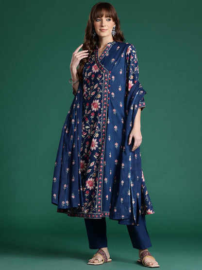 Dhiyona IE Floral Printed Angrakha Pure Cotton Kurta with Trousers & Dupatta