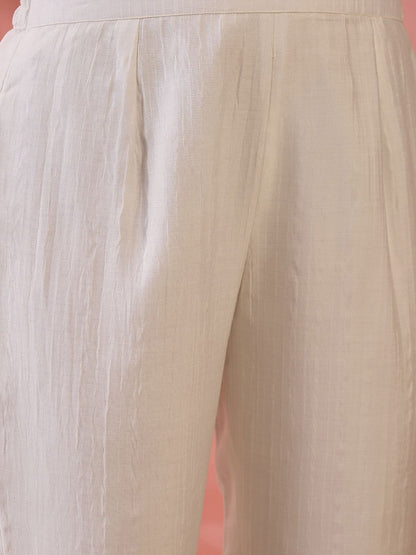 Dhiyona SN Women's White Thread Work Round Neck A-Line Kurta With Trousers And Dupatta