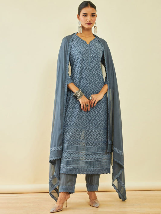 Dhiyona SO Women's Ethnic Motifs Embroidered Sequinned Straight Kurta & Trousers With Dupatta