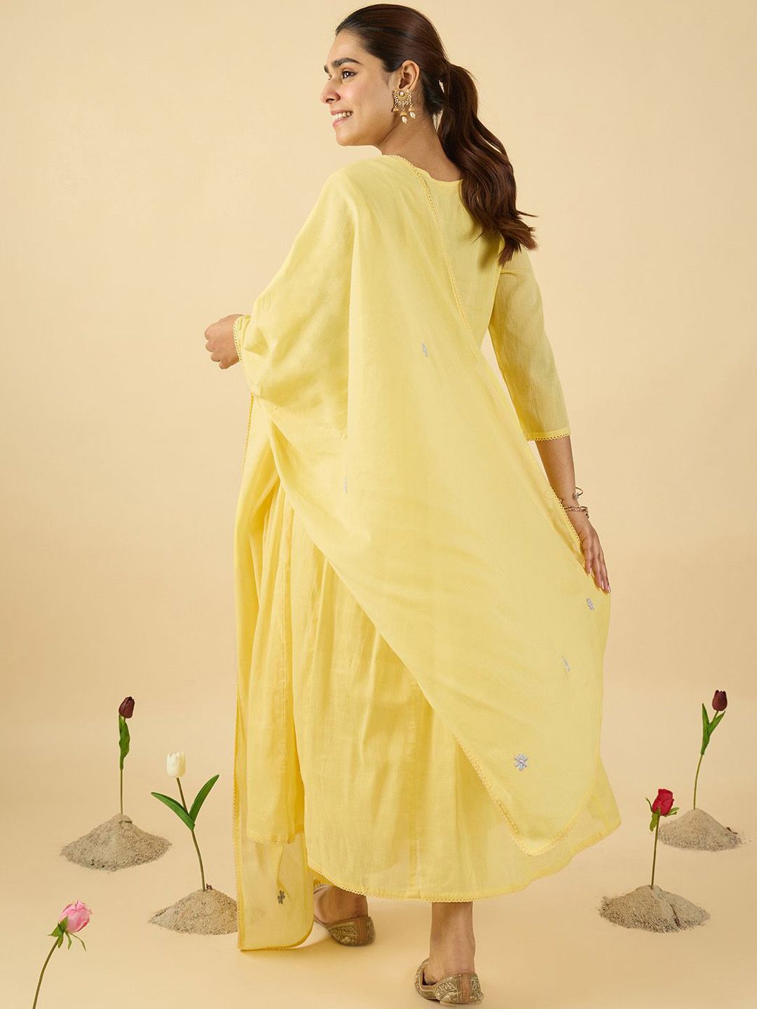 Floral Embroidered V-Neck Pure Cotton A-Line Kurta With Trousers & Dupatta