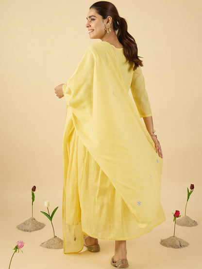 Floral Embroidered V-Neck Pure Cotton A-Line Kurta With Trousers & Dupatta