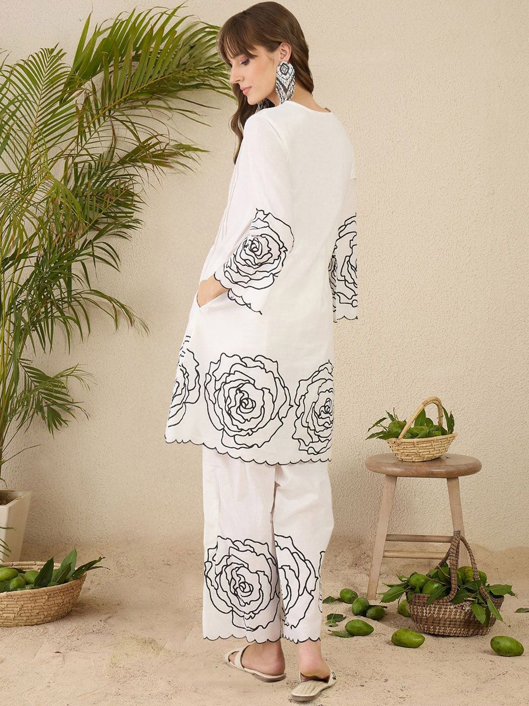Women Floral Printed Pleated Mirror Work Pure Cotton Kurta with Palazzos