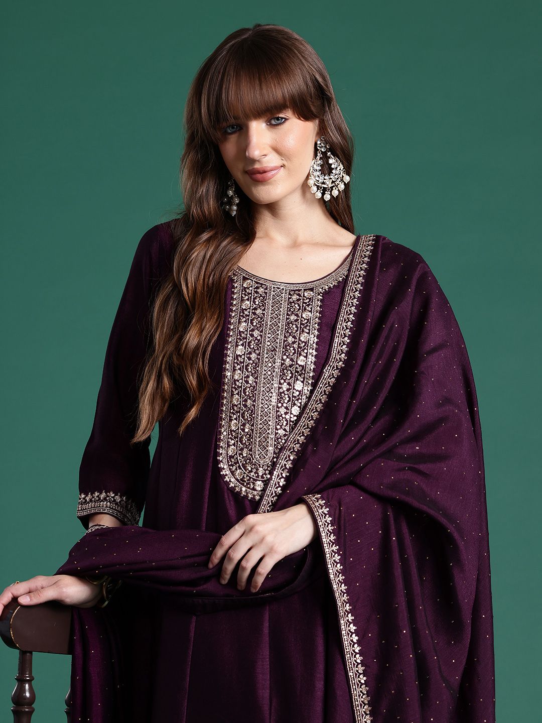 Ethnic Motifs Embroidered Sequinned Kurta With Trousers & Dupatta