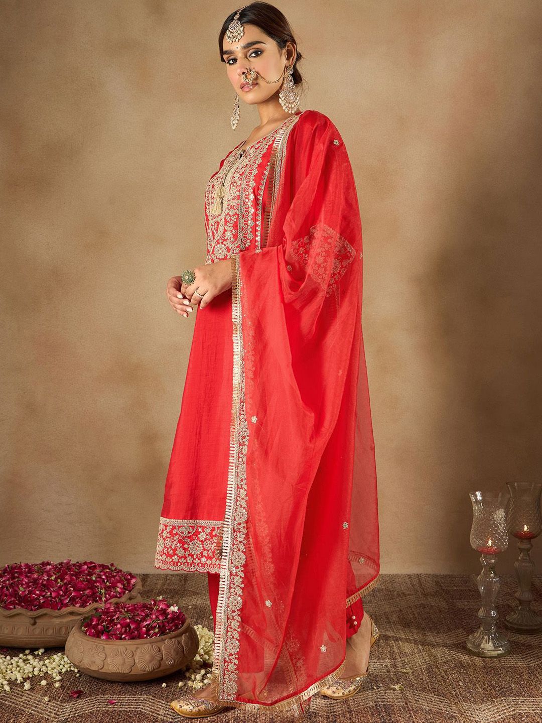 Women Ethnic Motifs Embroidered Panelled Kurta with Trousers & With Dupatta