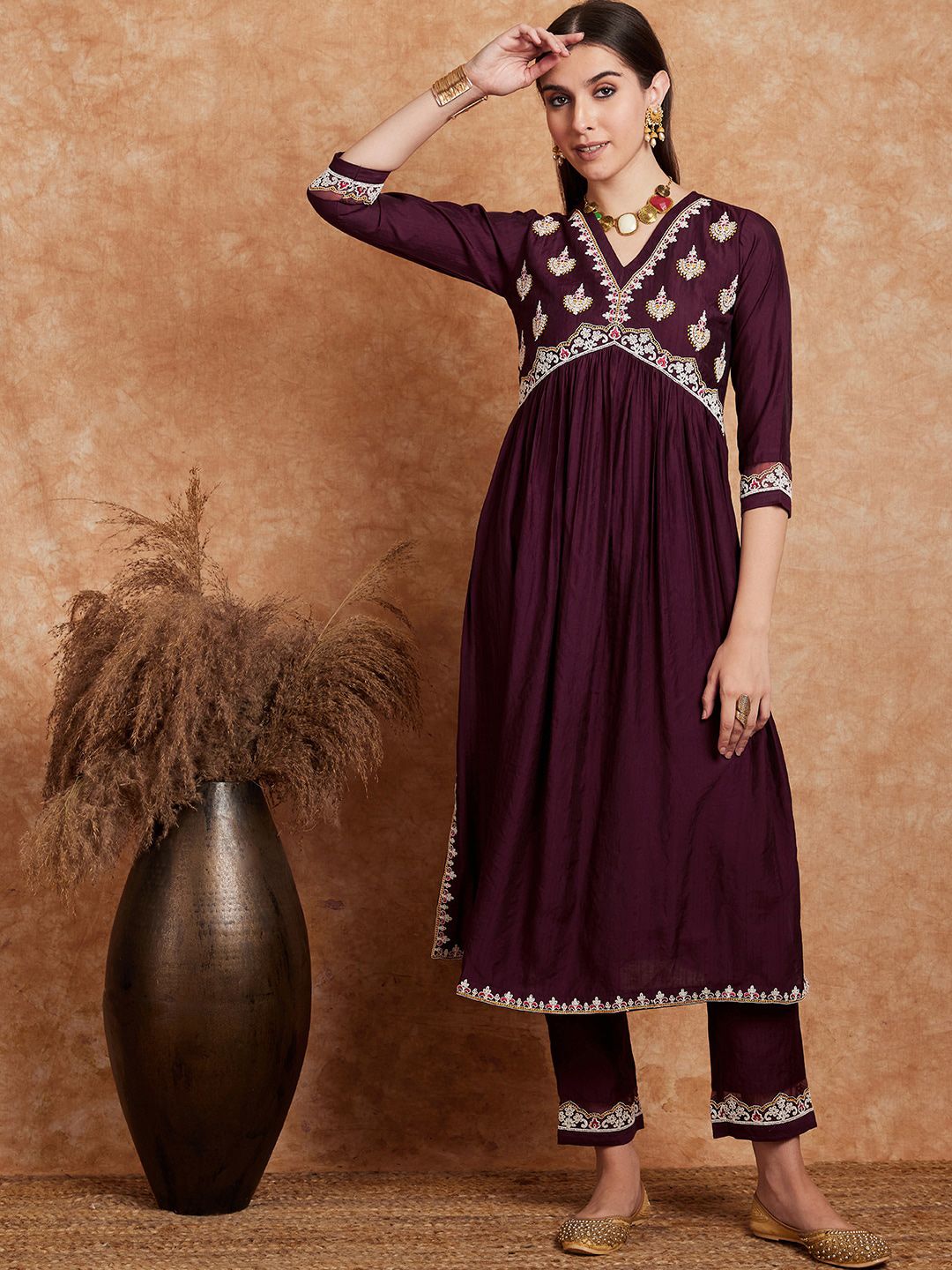 Dhiyona SN Women's Alia Cut Ethnic Motifs Embroidered A-Line Kurta With Trouser
