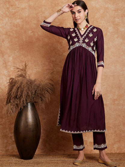 Dhiyona SN Women's Alia Cut Ethnic Motifs Embroidered A-Line Kurta With Trouser