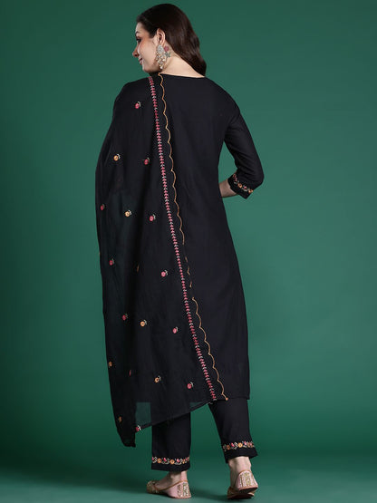 Dhiyona IE Floral Embroidered Pure Cotton Kurta with Trousers & Dupatta