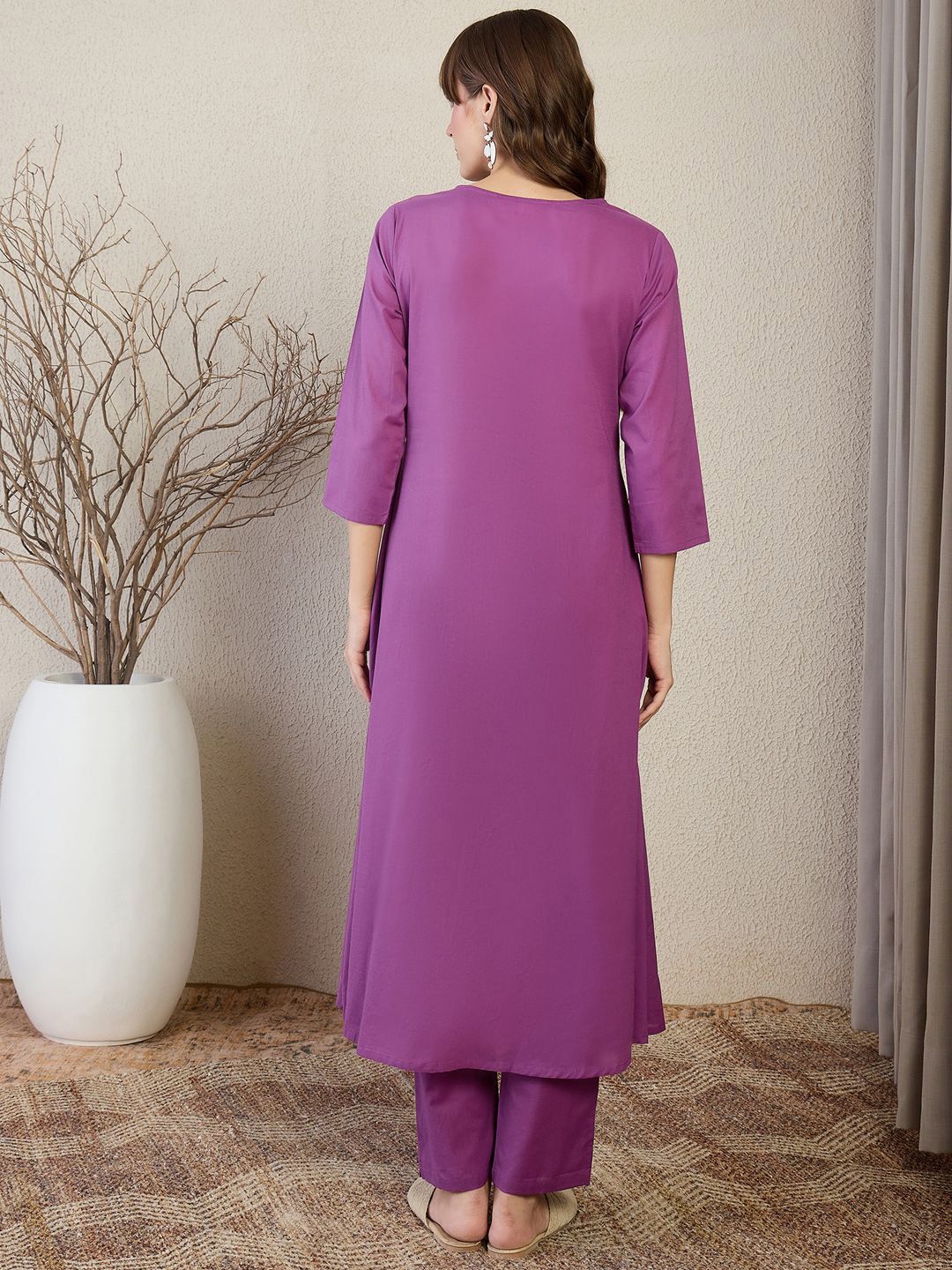 Floral Embroidered Thread Work Pure Cotton A-Line Kurta With Trousers