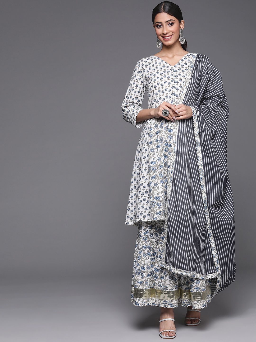 Dhiyona VA Women's White Ethnic Motifs Printed Pure Cotton Kurta with Trousers & With Dupatta