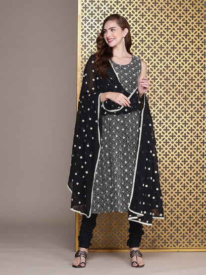 Dhiyona PD Women Women Rozana Floral Thread Work Pure Cotton Kurta With Churidar & Dupatta