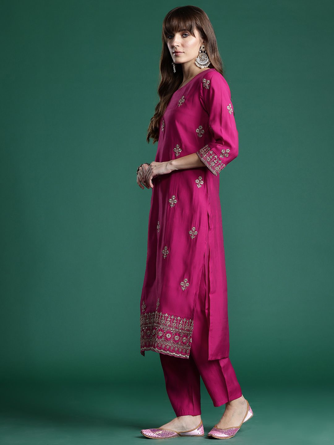 Floral Embroidered Sequinned Kurta With Trousers & Dupatta