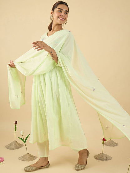Dhiyona IE Floral Embroidered V Neck A Line Pure Cotton Kurta With Trousers & Dupatta