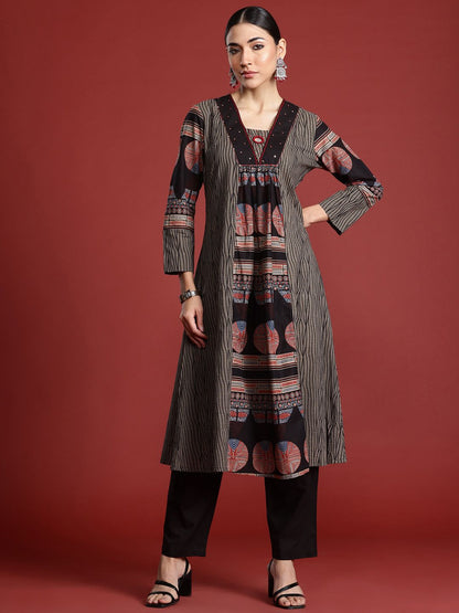 Printed Panelled Sequinned Pure Cotton A-Line Kurta with Trousers