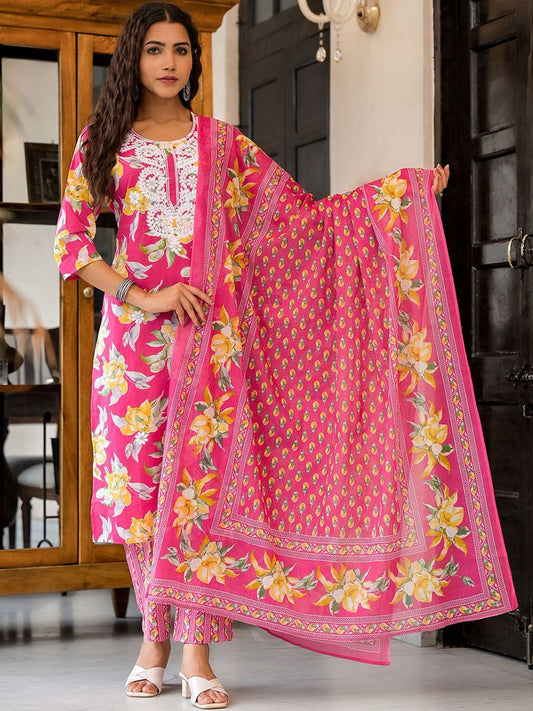 Dhiyona SN Women's Floral Printed Thread Work Straight Kurta With Trousers & Dupatta Set