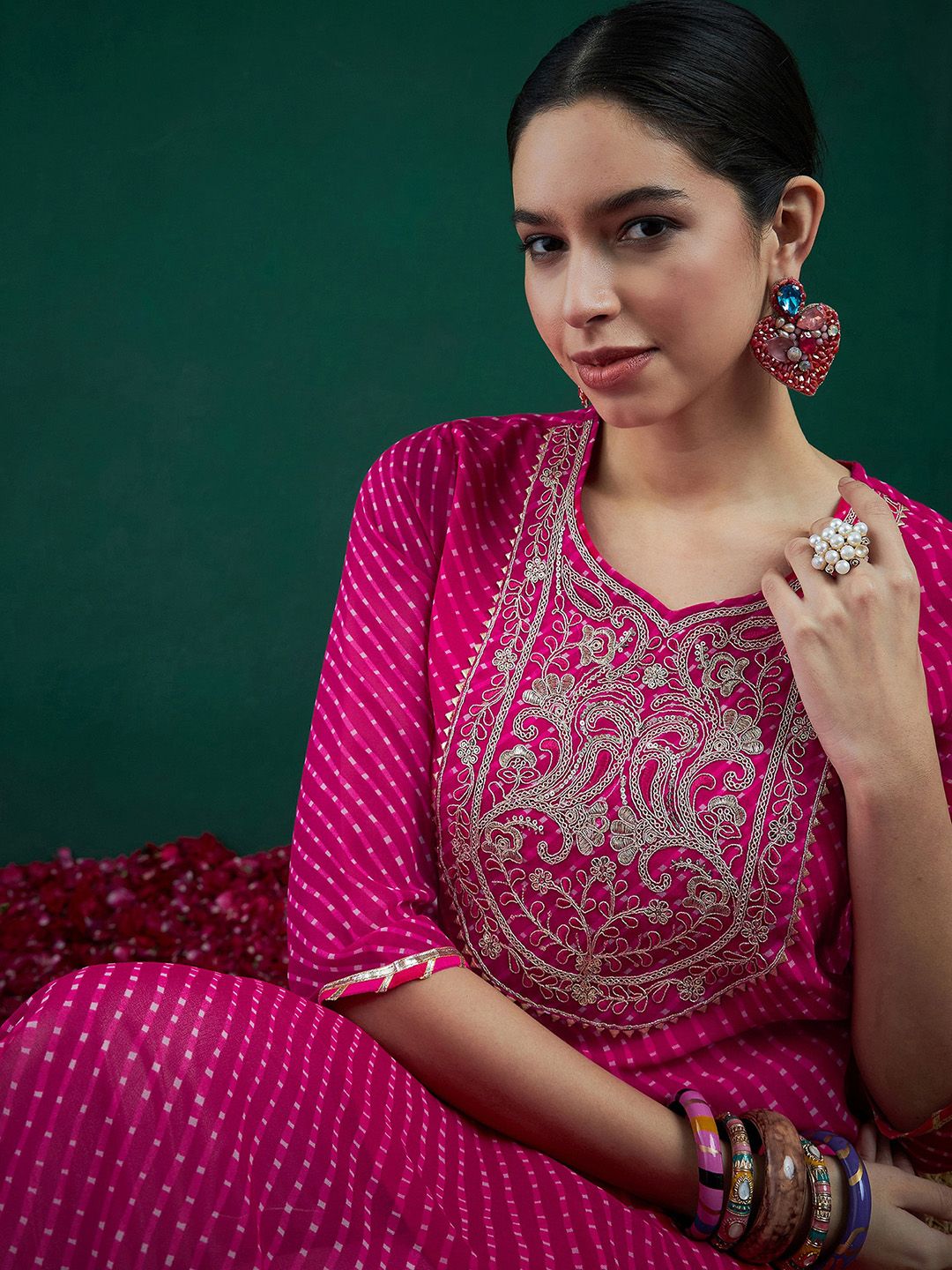 Dhiyona IE Leheriya Printed Thread Work Straight Kurta