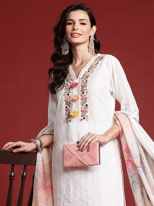 Floral Embroidered & Embellished Pure Cotton Kurta with Trousers & Dupatta