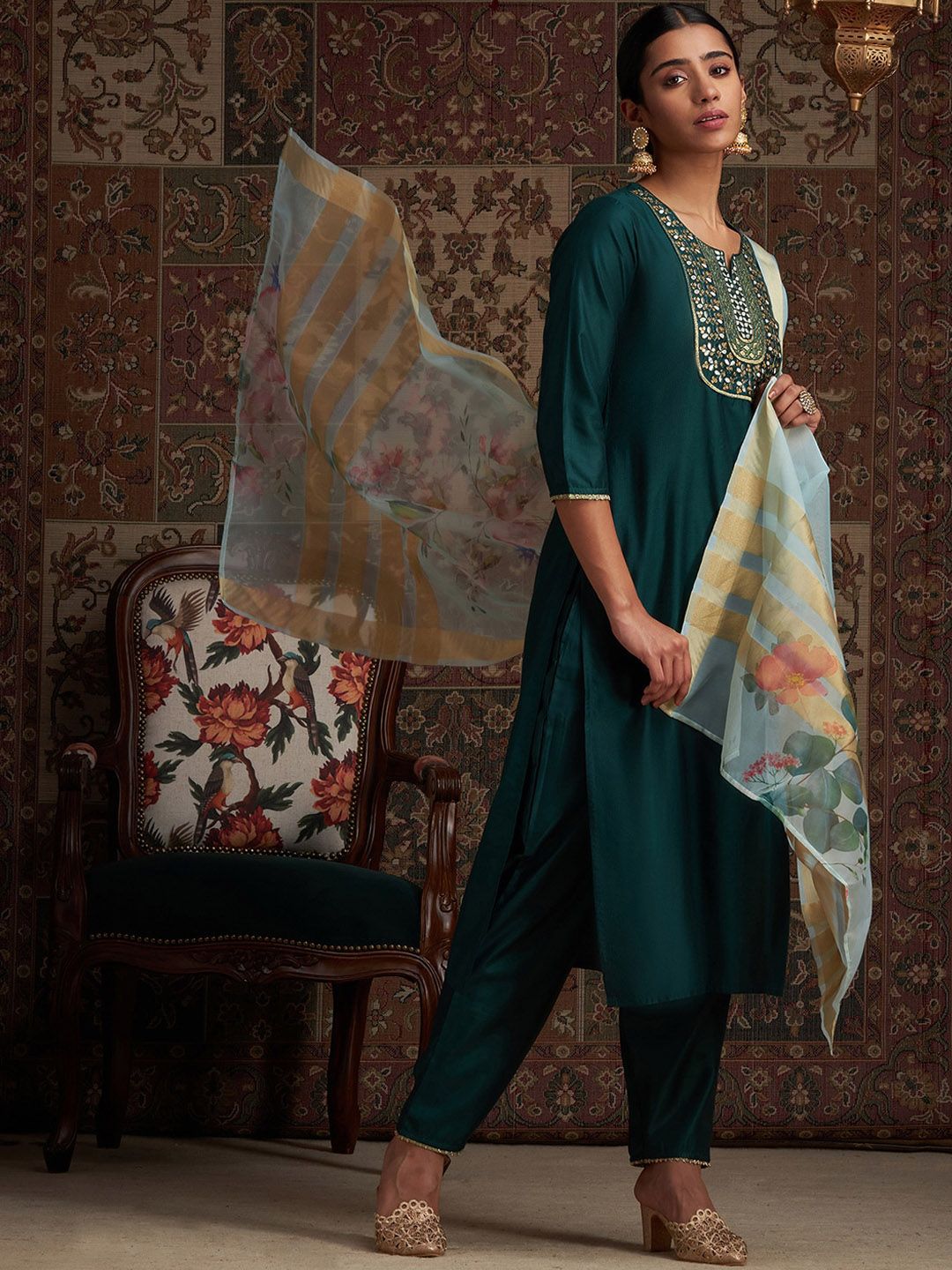 Yoke Design Sequinned Kurta & Trousers With Dupatta