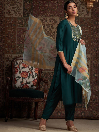 Yoke Design Sequinned Kurta & Trousers With Dupatta