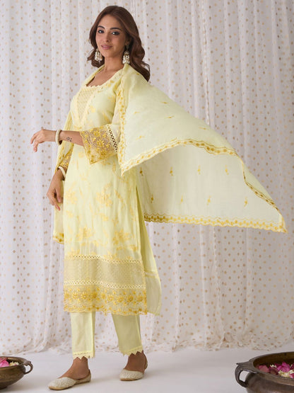 Dhiyona IE Floral Embroidered V-Neck Thread Work Pure Cotton Kurta with Trousers & Dupatta