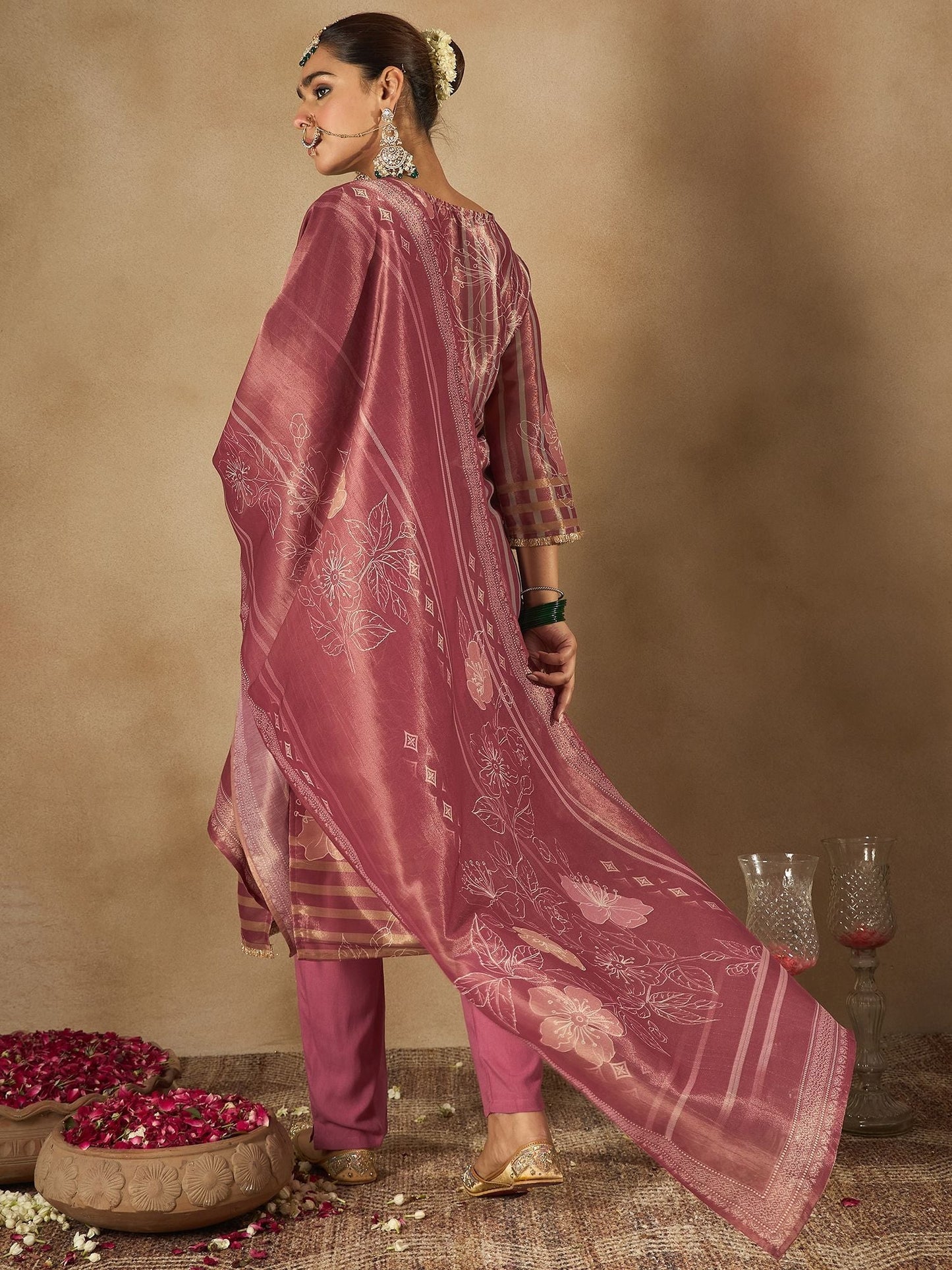 Dhiyona IE Floral Printed Sequinned Straight Kurta With Trousers And Dupatta