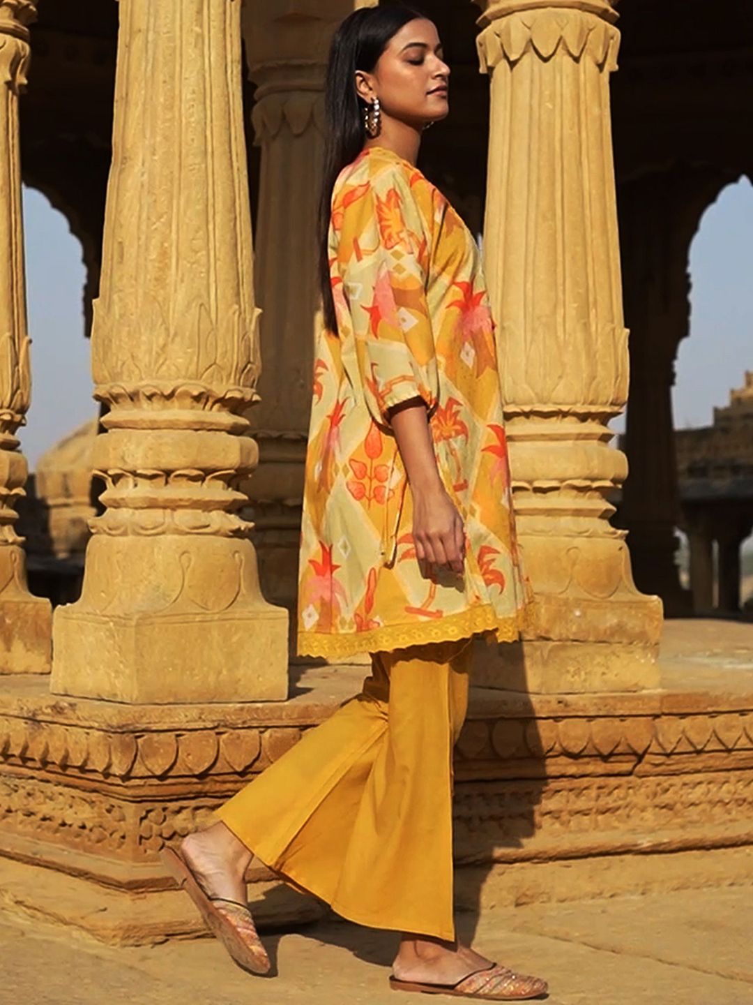 Floral Self Design Beads And Stones V-Neck A-Line Pure Cotton Kurta With Trousers