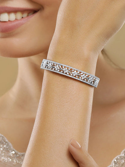 Dhiyona RJ Women's Rhodium Plated Silver Tone Cubic Zirconia Studed Flower Design Bangle Style Bracelet