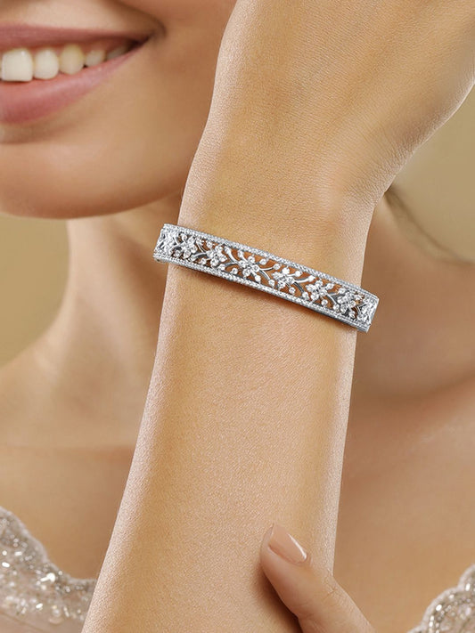 Dhiyona RJ Women's Rhodium Plated Silver Tone Cubic Zirconia Studed Flower Design Bangle Style Bracelet