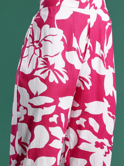 Floral Printed Pleated Pure Cotton Kurta with Trousers