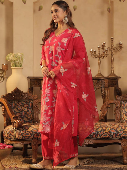 Women Floral Embroidered Regular Sequinned Kurta with Trousers & With Dupatta