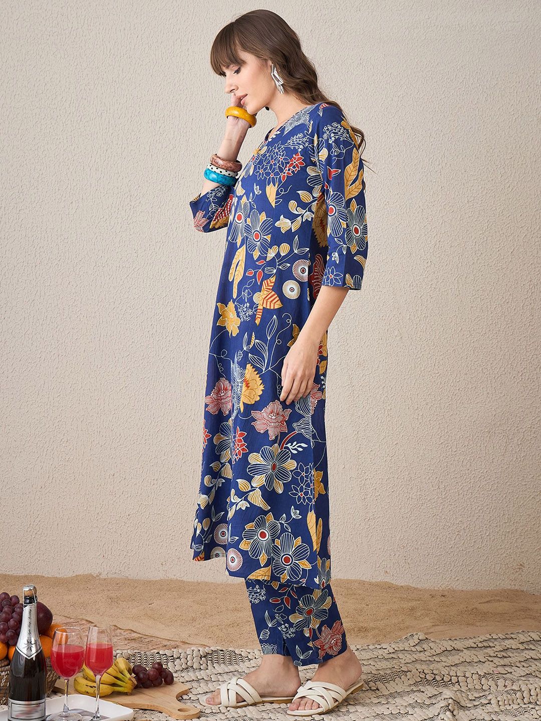 Dhiyona IE Printed V-Neck Pure Cotton A-Line Tunic With Trouser