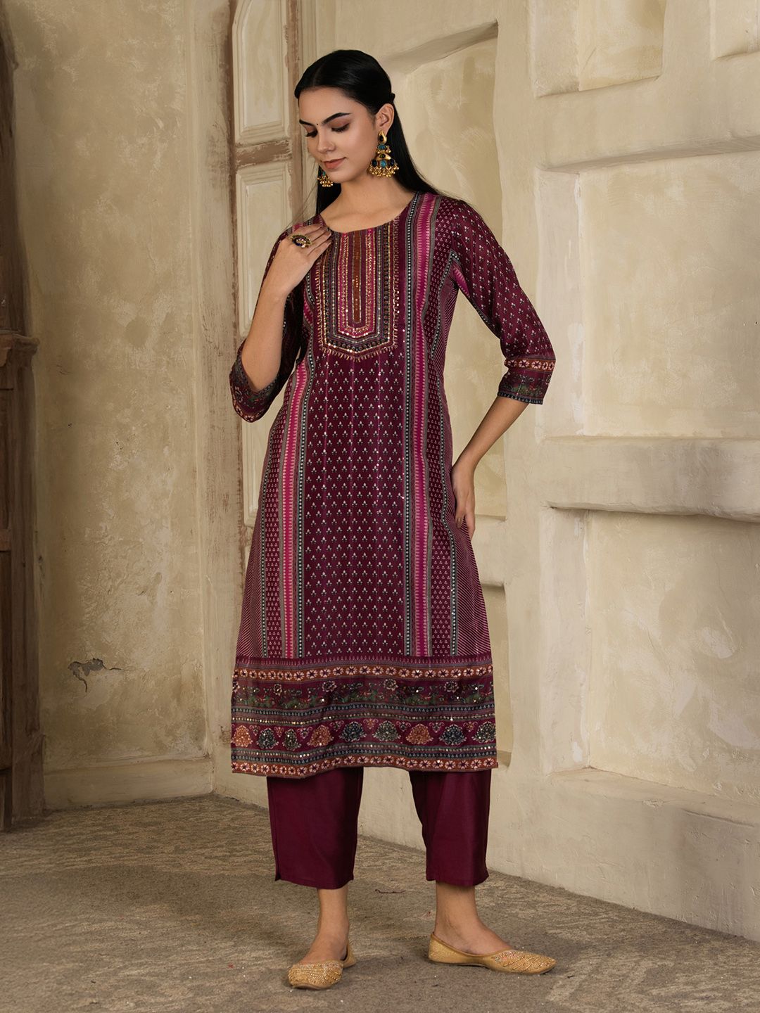 Dhiyona SN Women's Floral Printed Round Neck Silk Blend Straight Kurta With Trousers & Dupatta
