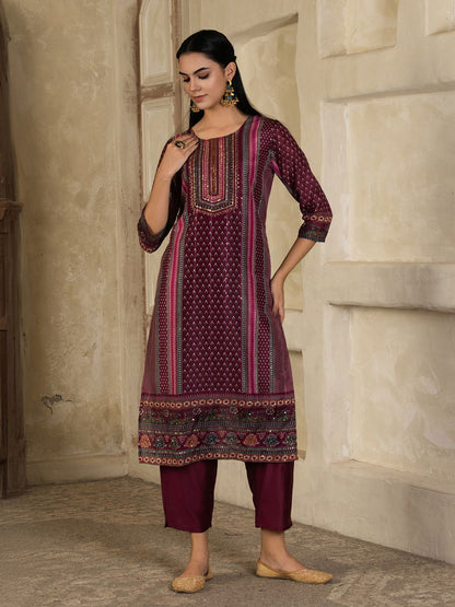 Dhiyona SN Women's Floral Printed Round Neck Silk Blend Straight Kurta With Trousers & Dupatta