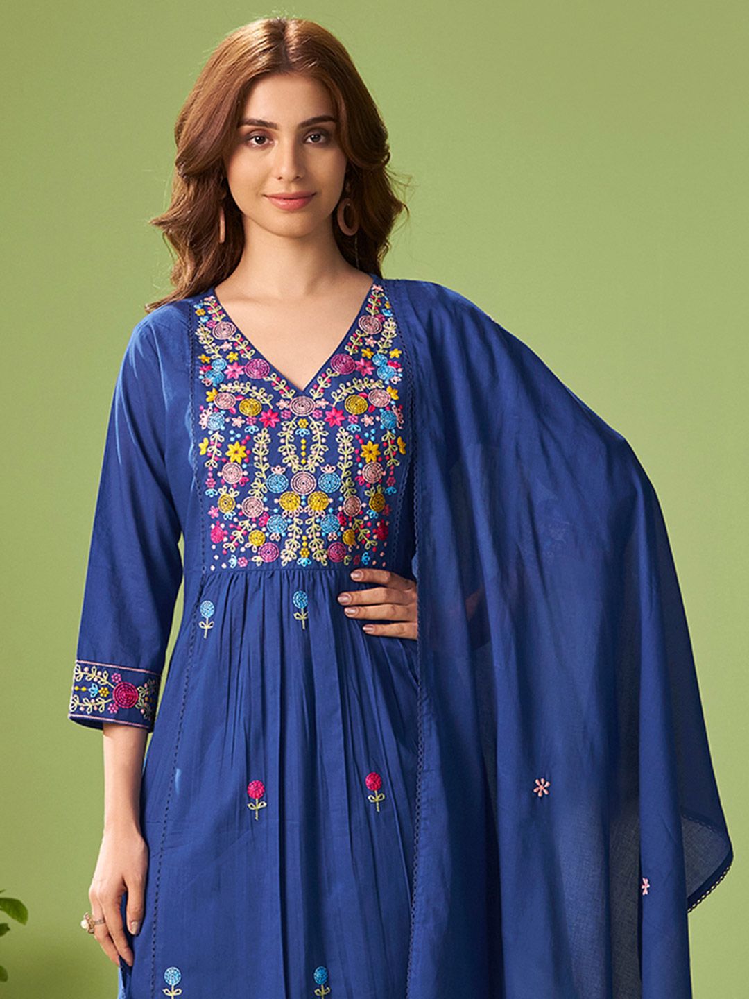 Dhiyona IE Women Floral Embroidered Cotton Kurta with Trousers & Dupatta