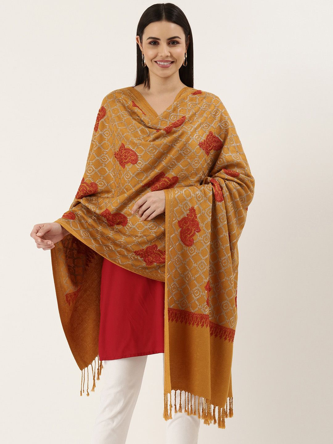 Dhiyona PA Women Mustard-Yellow Embroidered Shawl