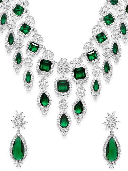 Dhiyona RJ Women's Premium Rhodium Plated AAA Cubic Zirconia & Emerald Studded Necklace Set