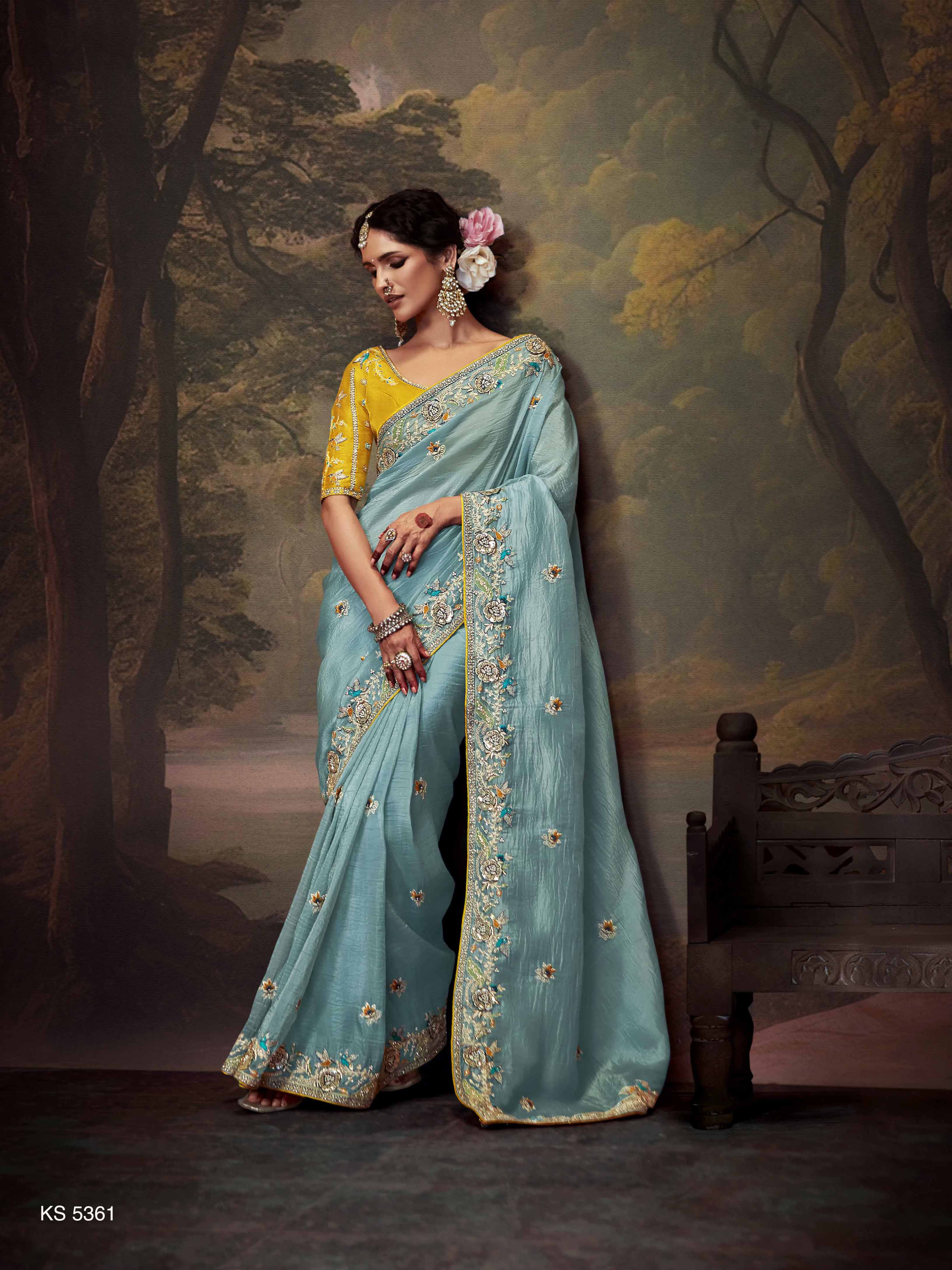 Dhiyona KM Women Ice Blue Designer Organza Silk Saree