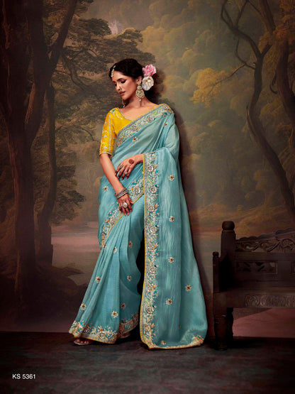 Dhiyona KM Women Ice Blue Designer Organza Silk Saree