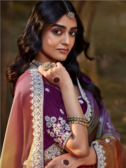Dhiyona KM Women Multicolor Pure Tissue Silk Saree With Embroidered Designer Blouse