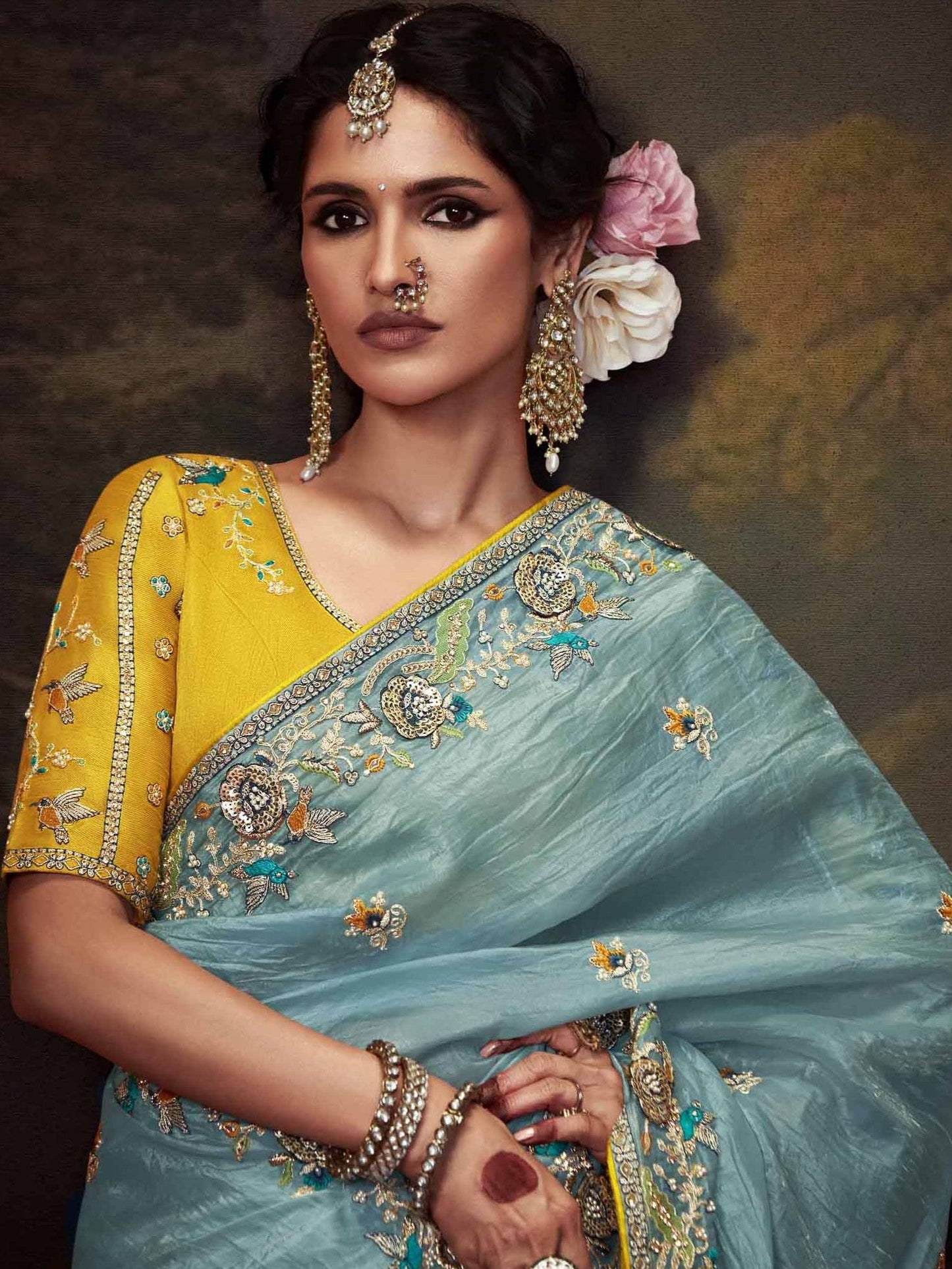 Dhiyona KM Women Ice Blue Designer Organza Silk Saree