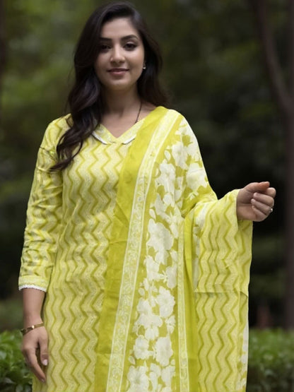 Chevron Printed V-Neck Pure Cotton Straight Kurta & Salwar With Dupatta