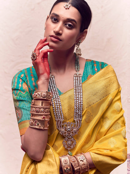 Dhiyona KM Women Yellow Premium Crepe Silk Saree With Golden Zari “ Perfect For Haldi & Festive Occasions