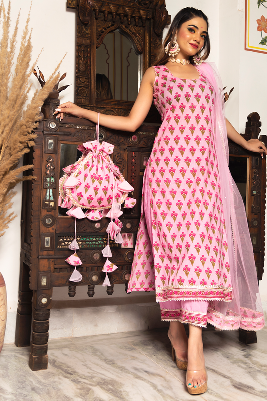 Gulbahar Pink Hand Block Print Suit With Soft Net Lace Work Dupatta Set