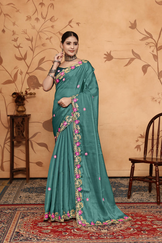 Dhiyona GR Women's Armani Teal Jimmi Choo Embroidered Saree