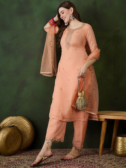 Dhiyona SN Women's Peach Floral Embroidered Zari Straight Kurta With Trouser And Dupatta