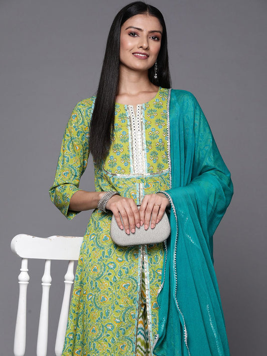 Dhiyona VA Women's Green Floral Printed High Slit Mirror Work Pure Cotton Kurta with Palazzos & With Dupatta