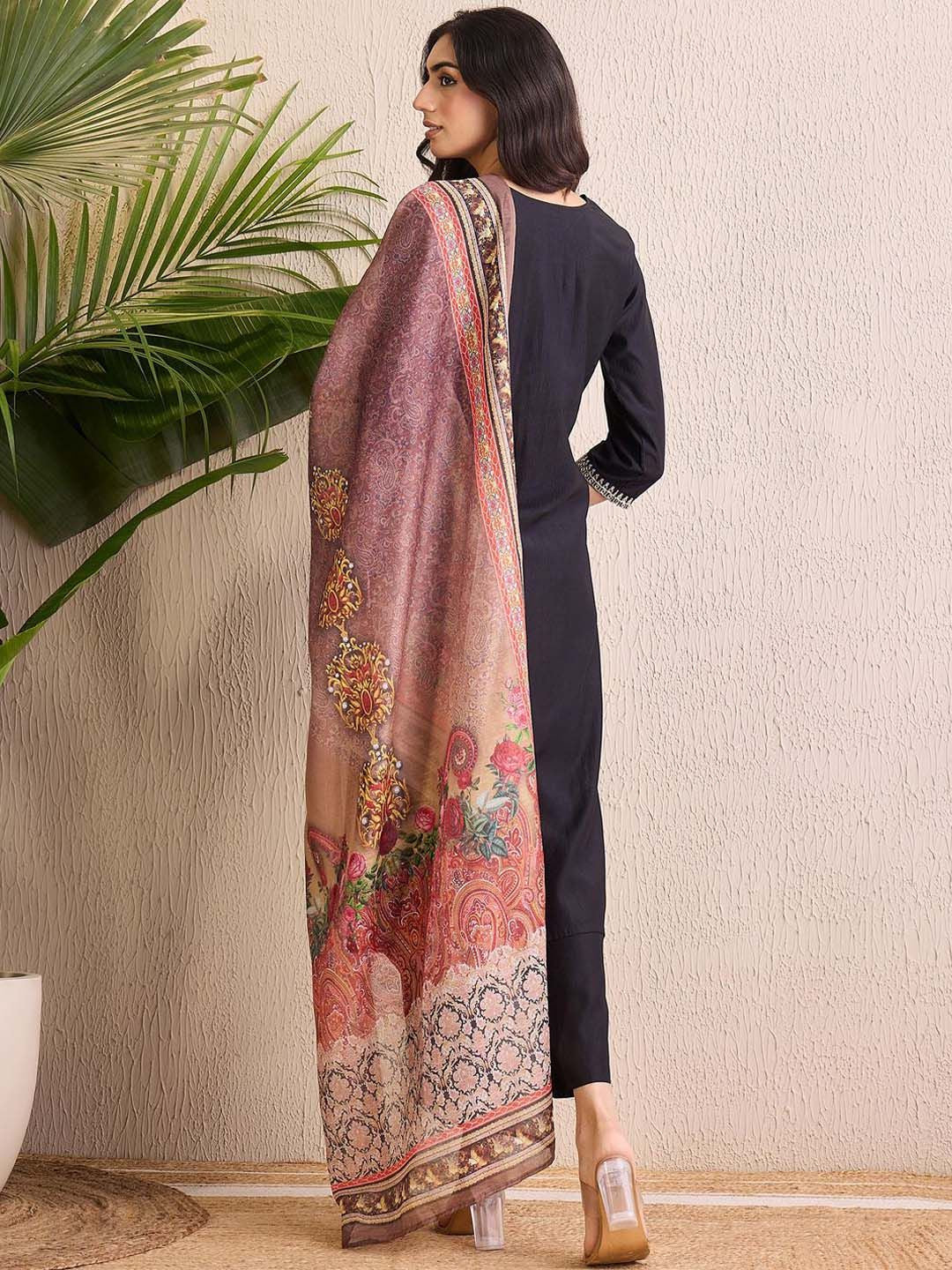 Dhiyona IE Women Ethnic Motifs Embroidered Regular Liva Kurta with Trousers & With Dupatta